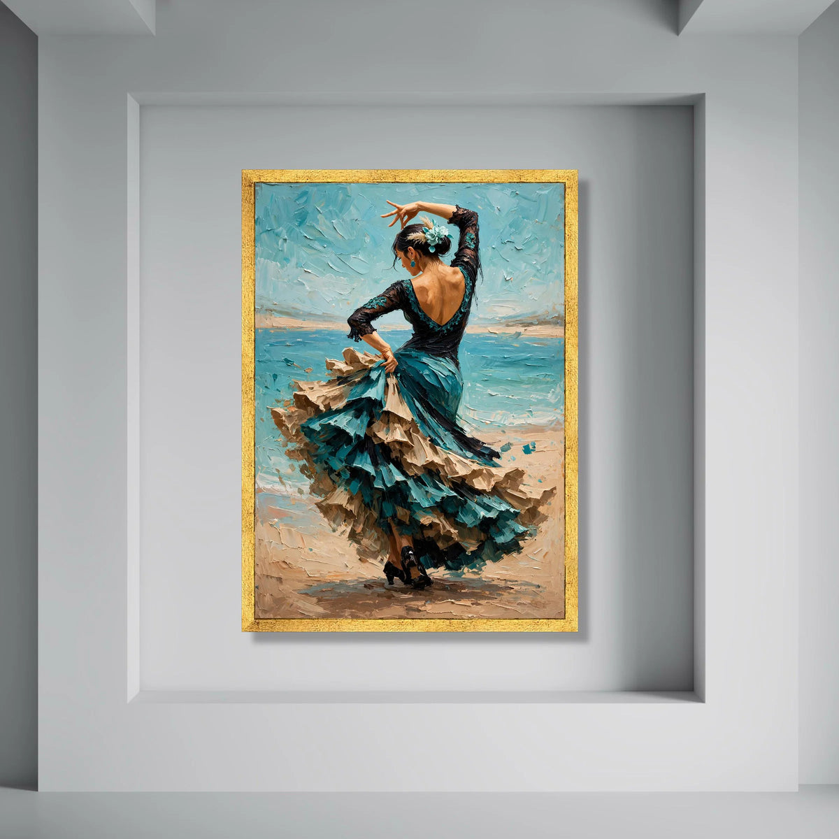 Graceful Flamenco Dancer, Blue Flamenco Dress Canvas, Elegant Dance Pose Wall Art, Spanish Dance Canvas, Vibrant Movement Art, Print Art