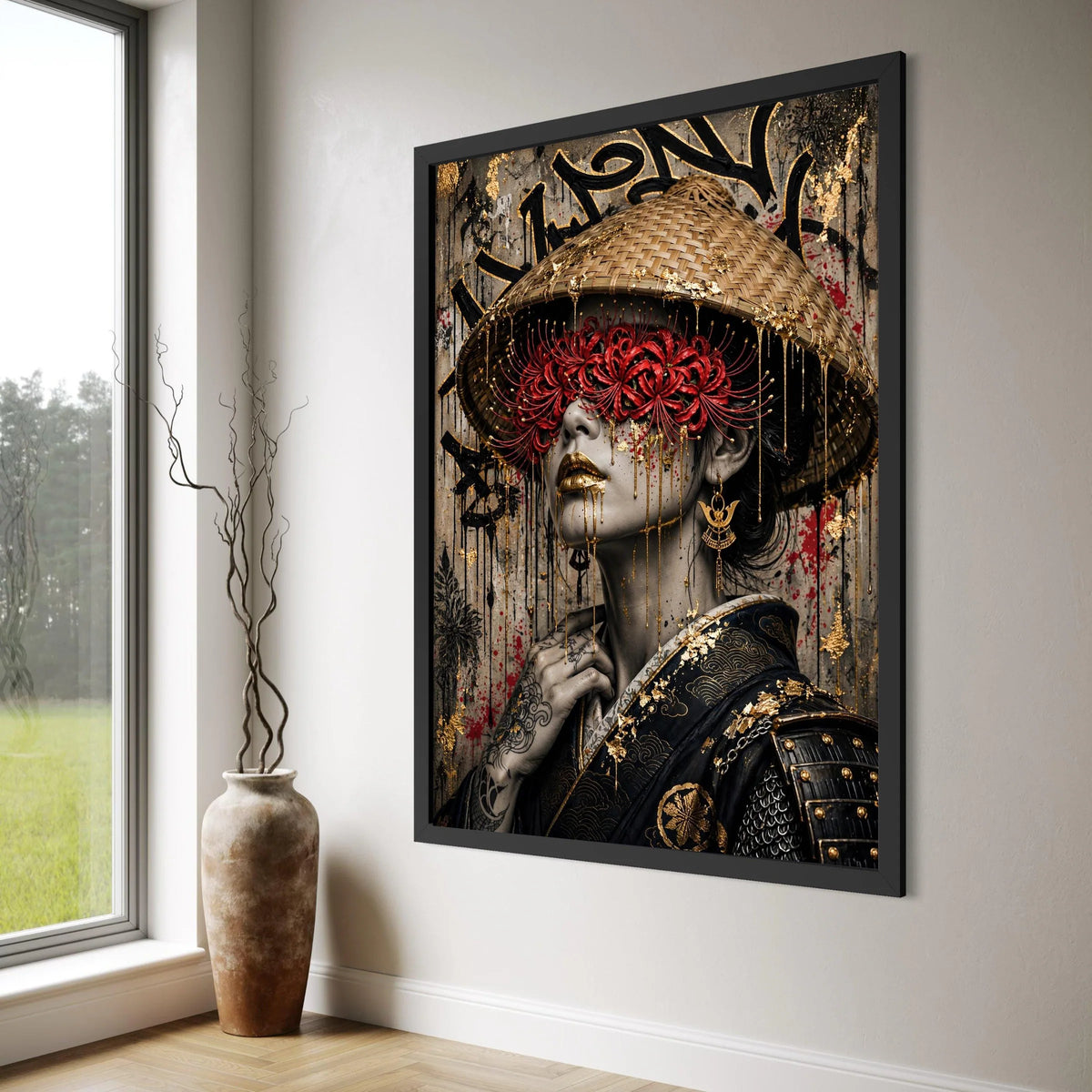 Mystical Geisha Portrait Canvas, Japanese Cultural Wall Art, Red Flower Mask Design, Gold Accent Home Decoration, Oriental Canvas Print Art