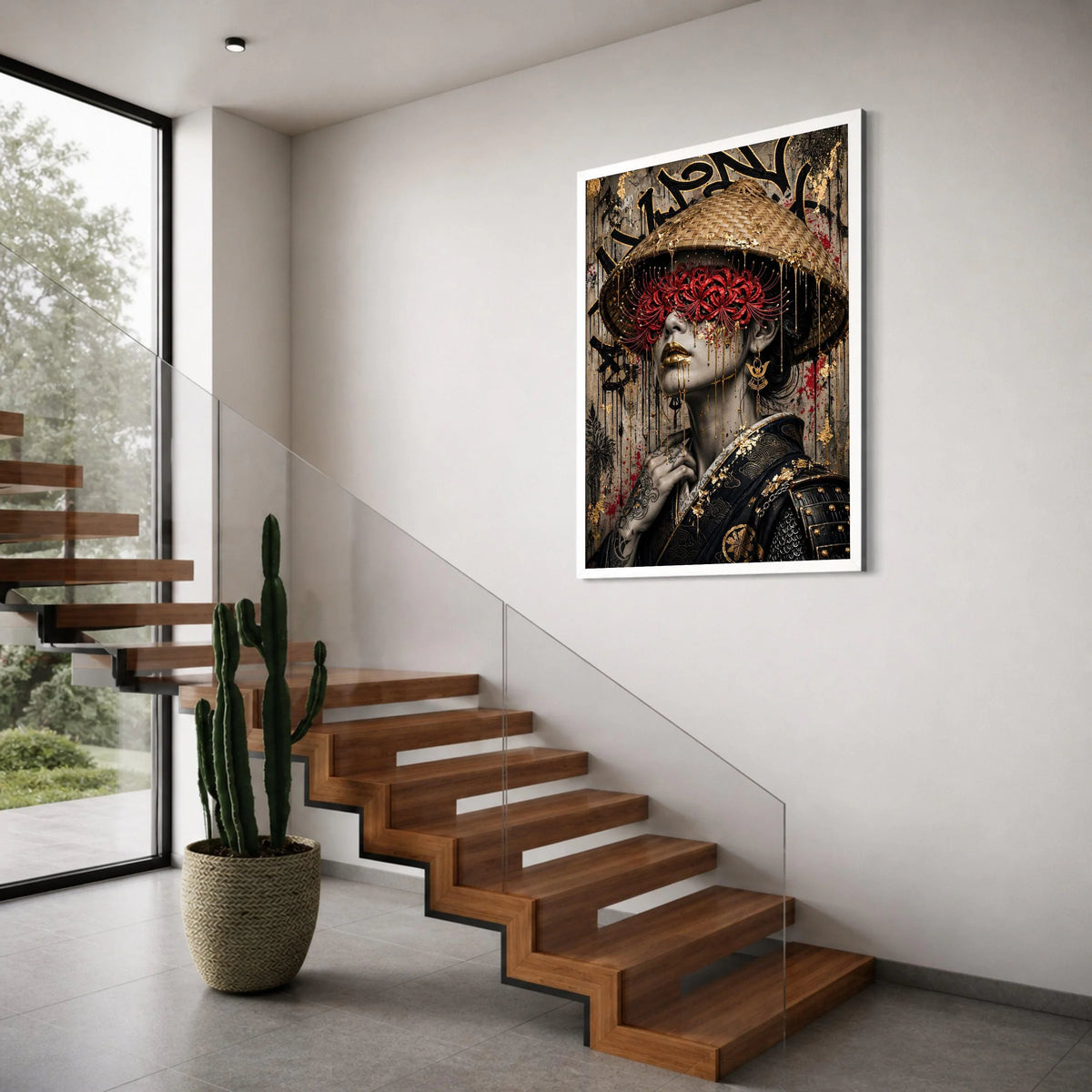 Mystical Geisha Portrait Canvas, Japanese Cultural Wall Art, Red Flower Mask Design, Gold Accent Home Decoration, Oriental Canvas Print Art