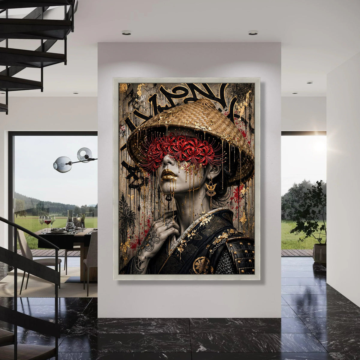 Mystical Geisha Portrait Canvas, Japanese Cultural Wall Art, Red Flower Mask Design, Gold Accent Home Decoration, Oriental Canvas Print Art