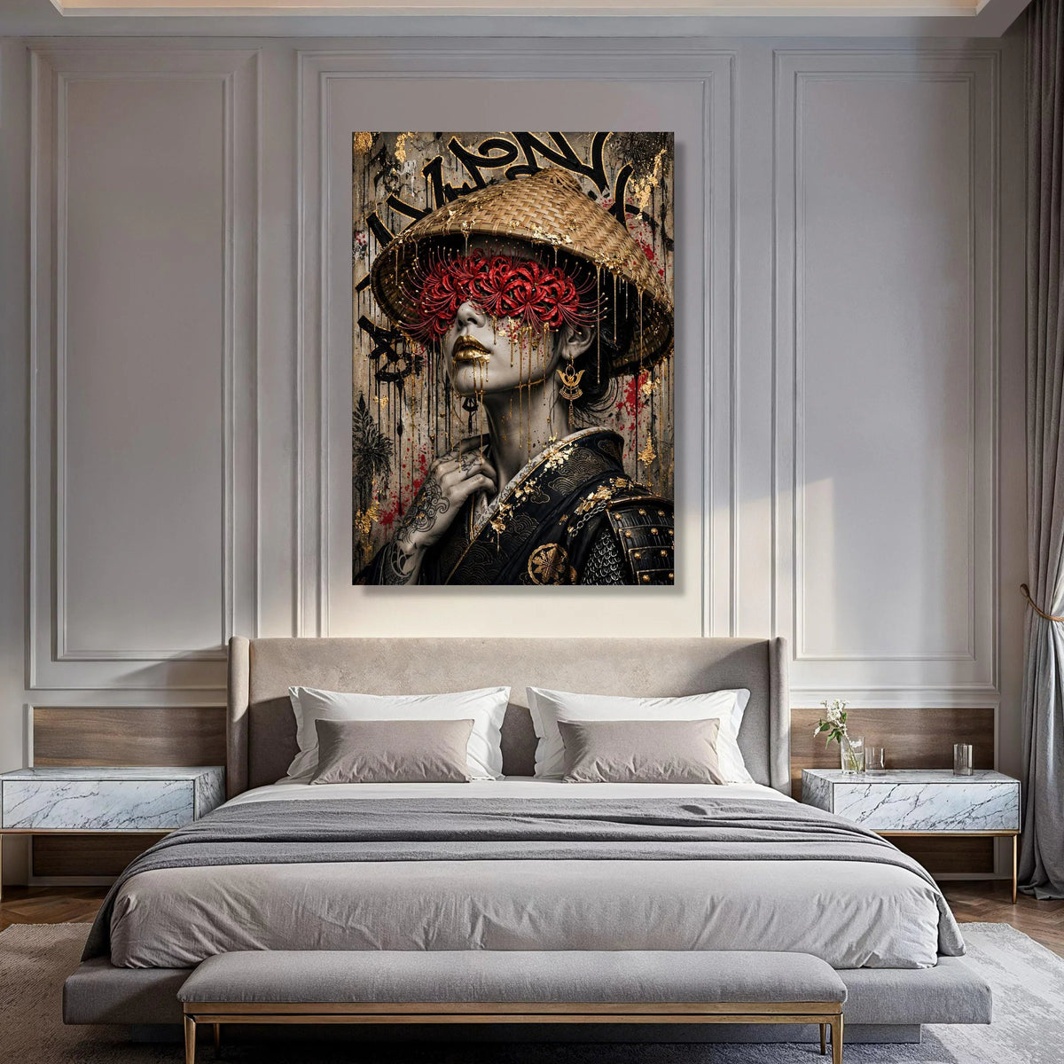 Mystical Geisha Portrait Canvas, Japanese Cultural Wall Art, Red Flower Mask Design, Gold Accent Home Decoration, Oriental Canvas Print Art