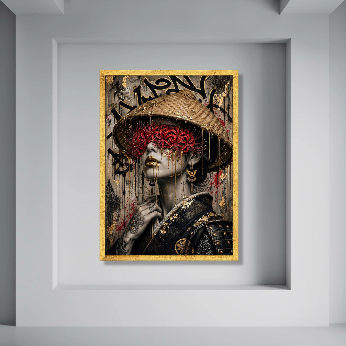 Mystical Geisha Portrait Canvas, Japanese Cultural Wall Art, Red Flower Mask Design, Gold Accent Home Decoration, Oriental Canvas Print Art