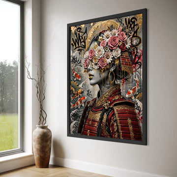 Floral Samurai Portrait Canvas, Japanese Warrior Wall Art, Koi Fish Design, Decorative Asian Canvas, Elegant Home Decor Print Art
