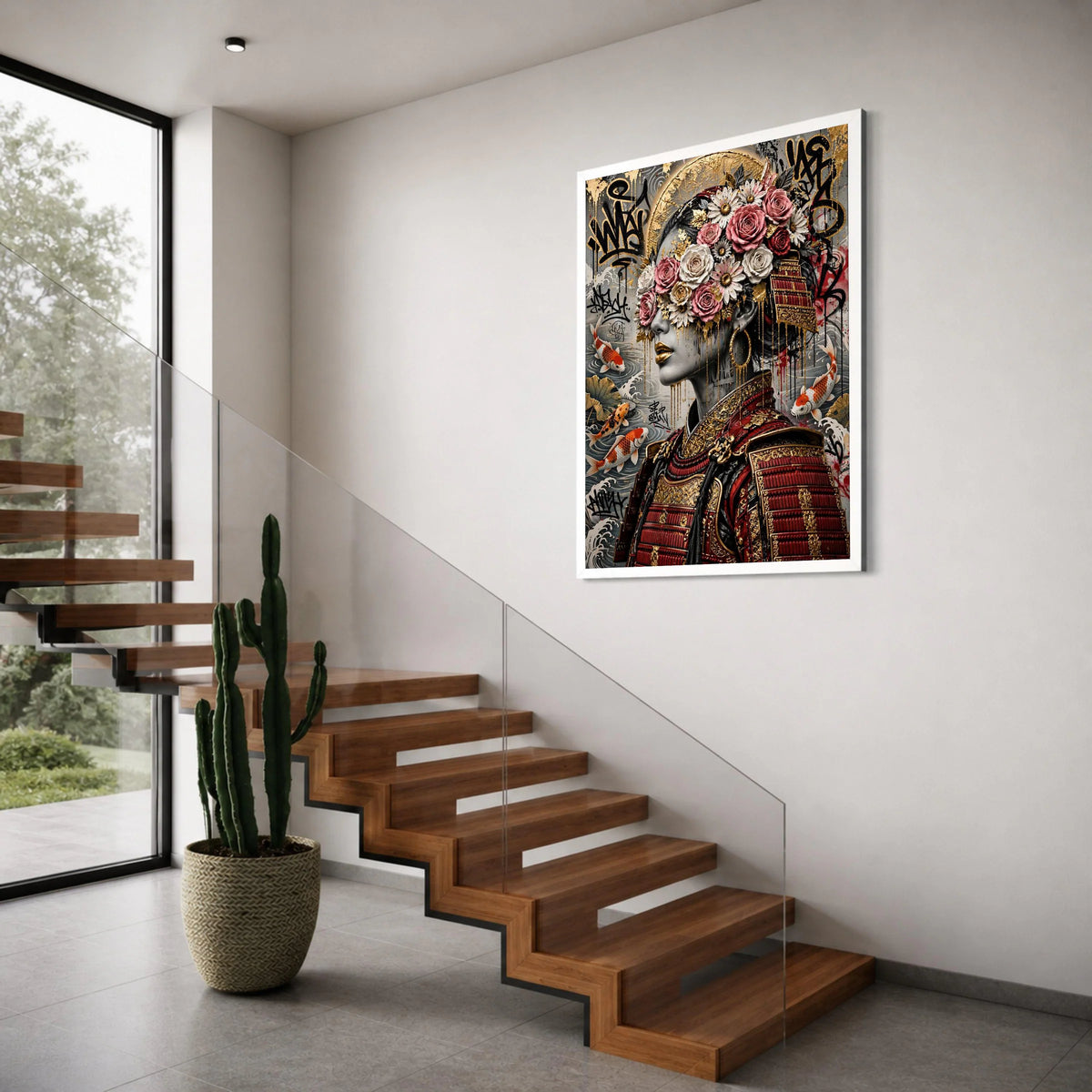 Floral Samurai Portrait Canvas, Japanese Warrior Wall Art, Koi Fish Design, Decorative Asian Canvas, Elegant Home Decor Print Art