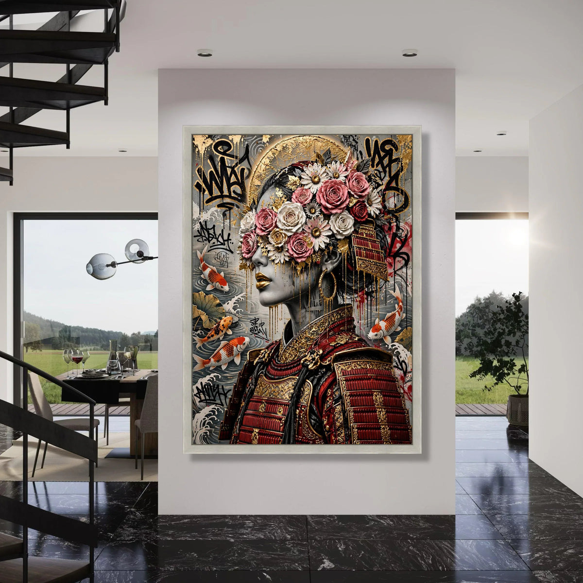 Floral Samurai Portrait Canvas, Japanese Warrior Wall Art, Koi Fish Design, Decorative Asian Canvas, Elegant Home Decor Print Art