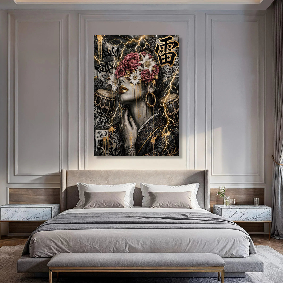 Elegant Floral Masked Woman Canvas, Gold Accent Portrait Wall Art, Modern Asian-Inspired Decorative Artwork, Unique Home Canvas Print Art