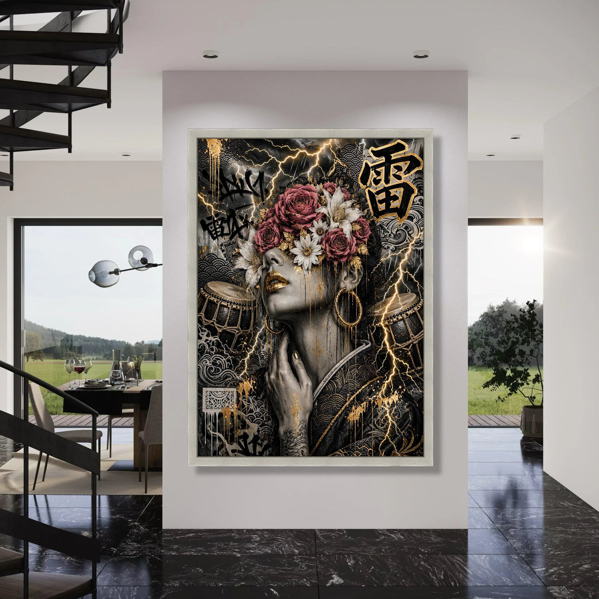 Elegant Floral Masked Woman Canvas, Gold Accent Portrait Wall Art, Modern Asian-Inspired Decorative Artwork, Unique Home Canvas Print Art
