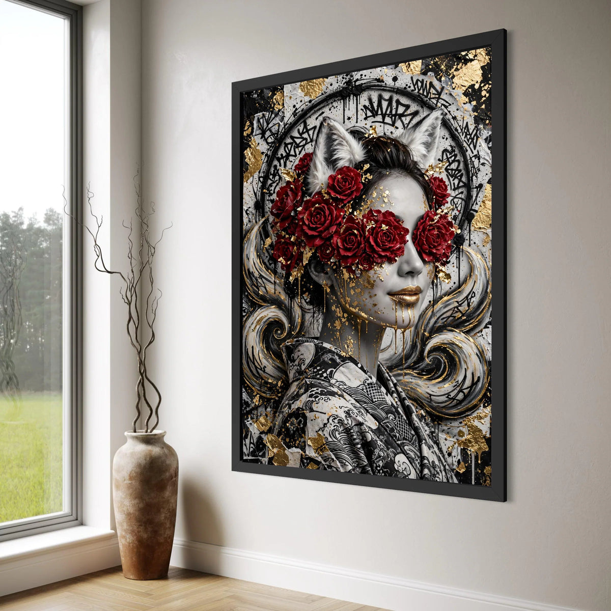 Modern Fantasy Woman Portrait Canvas, Red Roses with Cat Ears, Gold Accents Wall Art, Abstract Graffiti Style Canvas, Unique Home Print Art
