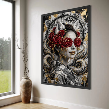 Modern Fantasy Woman Portrait Canvas, Red Roses with Cat Ears, Gold Accents Wall Art, Abstract Graffiti Style Canvas, Unique Home Print Art