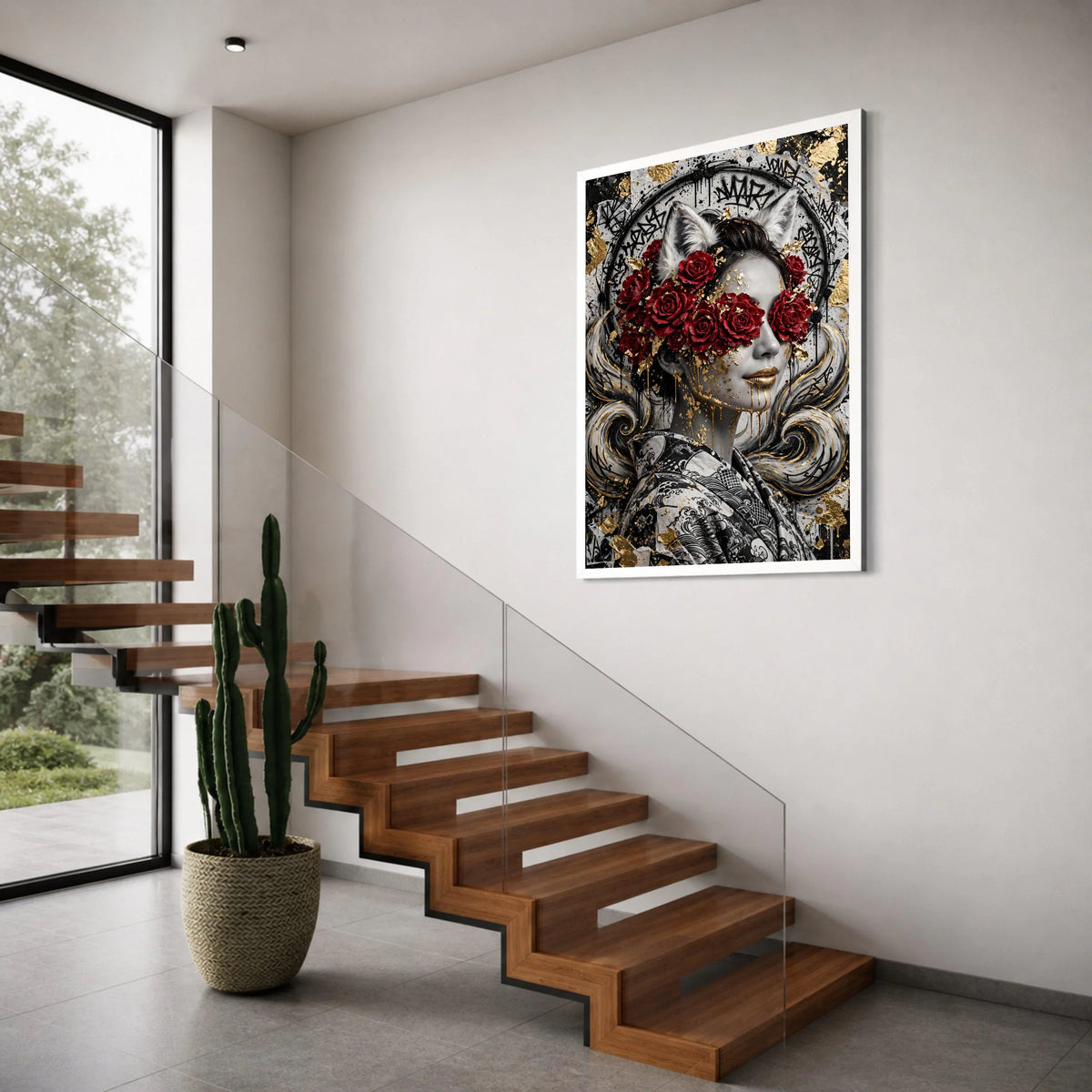 Modern Fantasy Woman Portrait Canvas, Red Roses with Cat Ears, Gold Accents Wall Art, Abstract Graffiti Style Canvas, Unique Home Print Art