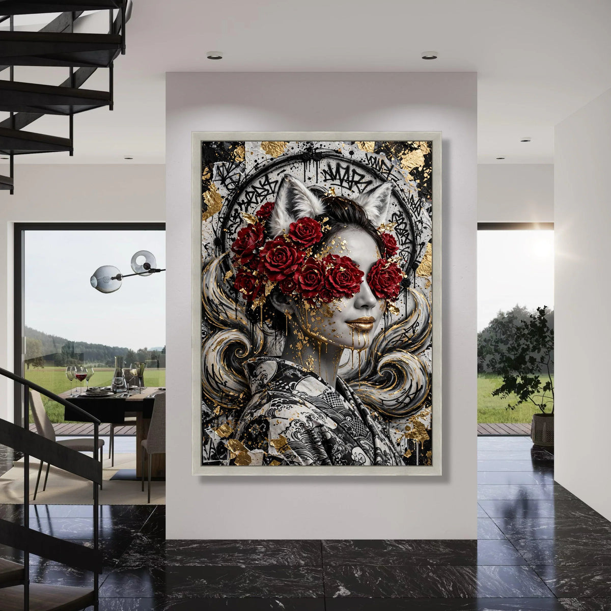 Modern Fantasy Woman Portrait Canvas, Red Roses with Cat Ears, Gold Accents Wall Art, Abstract Graffiti Style Canvas, Unique Home Print Art