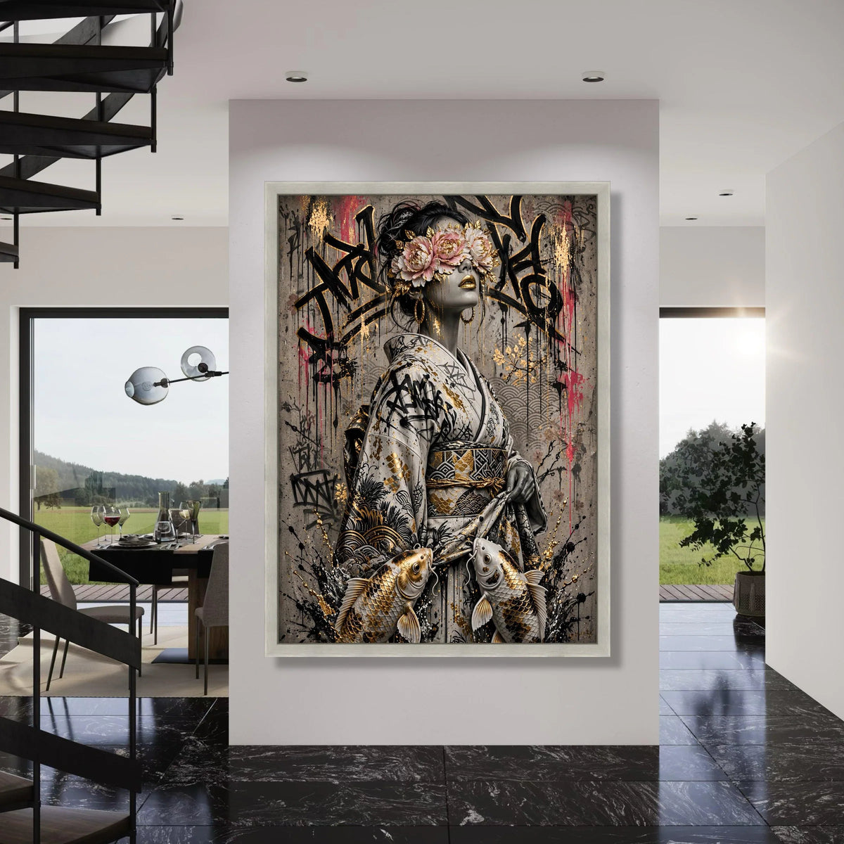 Elegant Geisha with Floral Mask Canvas, Japanese Kimono Art, Koi Fish Wall Decor, Gold Accent Canvas, Contemporary Asian Style Print Art