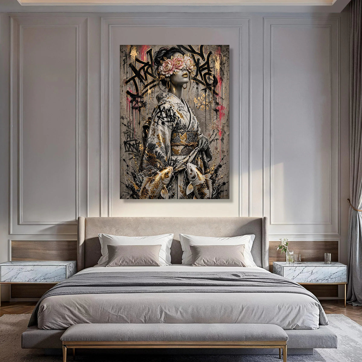 Elegant Geisha with Floral Mask Canvas, Japanese Kimono Art, Koi Fish Wall Decor, Gold Accent Canvas, Contemporary Asian Style Print Art