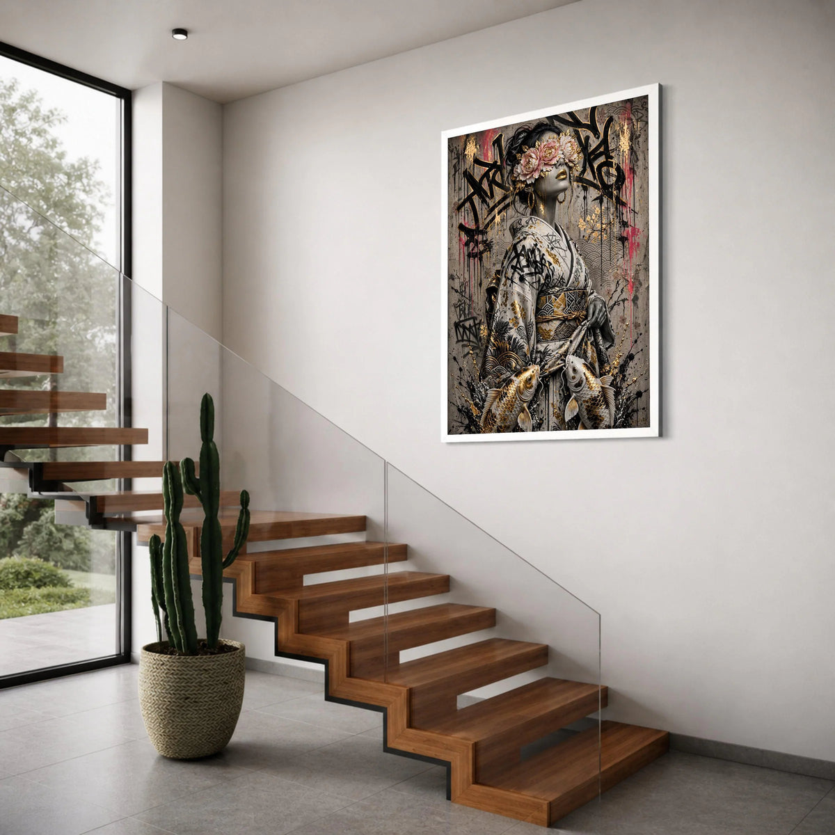 Elegant Geisha with Floral Mask Canvas, Japanese Kimono Art, Koi Fish Wall Decor, Gold Accent Canvas, Contemporary Asian Style Print Art
