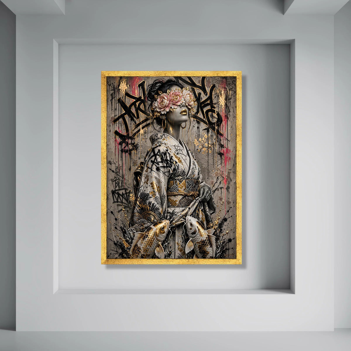 Elegant Geisha with Floral Mask Canvas, Japanese Kimono Art, Koi Fish Wall Decor, Gold Accent Canvas, Contemporary Asian Style Print Art
