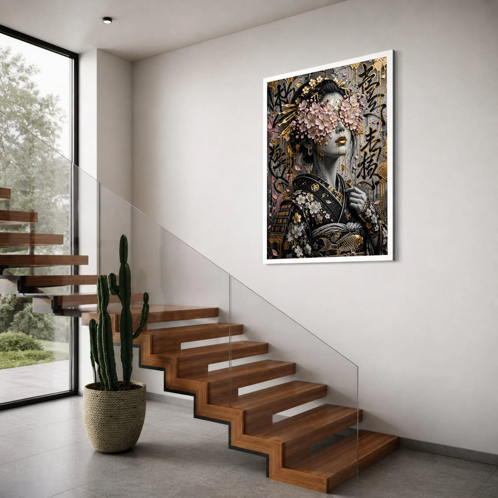 Geisha with Cherry Blossoms Canvas, Japanese Woman Portrait Wall Art, Elegant Floral Face Cover, Asian Culture Decoration, Gold Print Art