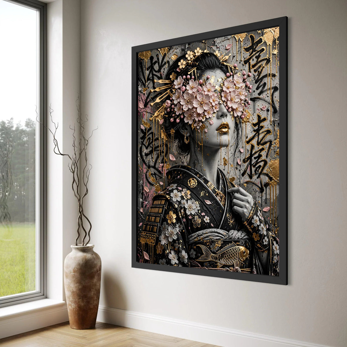 Geisha with Cherry Blossoms Canvas, Japanese Woman Portrait Wall Art, Elegant Floral Face Cover, Asian Culture Decoration, Gold Print Art