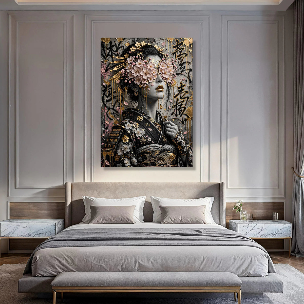 Geisha with Cherry Blossoms Canvas, Japanese Woman Portrait Wall Art, Elegant Floral Face Cover, Asian Culture Decoration, Gold Print Art