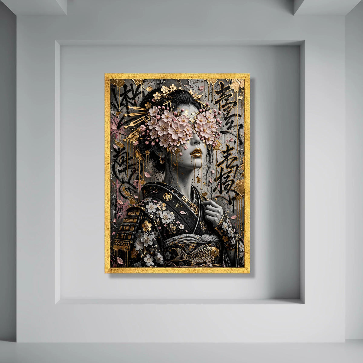 Geisha with Cherry Blossoms Canvas, Japanese Woman Portrait Wall Art, Elegant Floral Face Cover, Asian Culture Decoration, Gold Print Art
