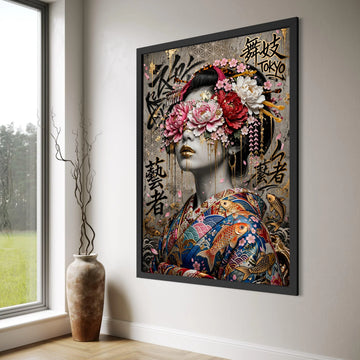 Elegant Geisha Portrait Canvas, Japanese Kimono Wall Art, Floral Headpiece Canvas, Tokyo Asian Art Decor, Gold Accents Decorative Print Art