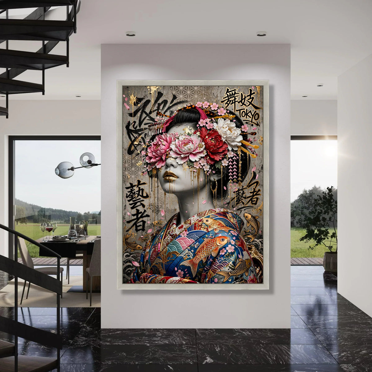 Elegant Geisha Portrait Canvas, Japanese Kimono Wall Art, Floral Headpiece Canvas, Tokyo Asian Art Decor, Gold Accents Decorative Print Art