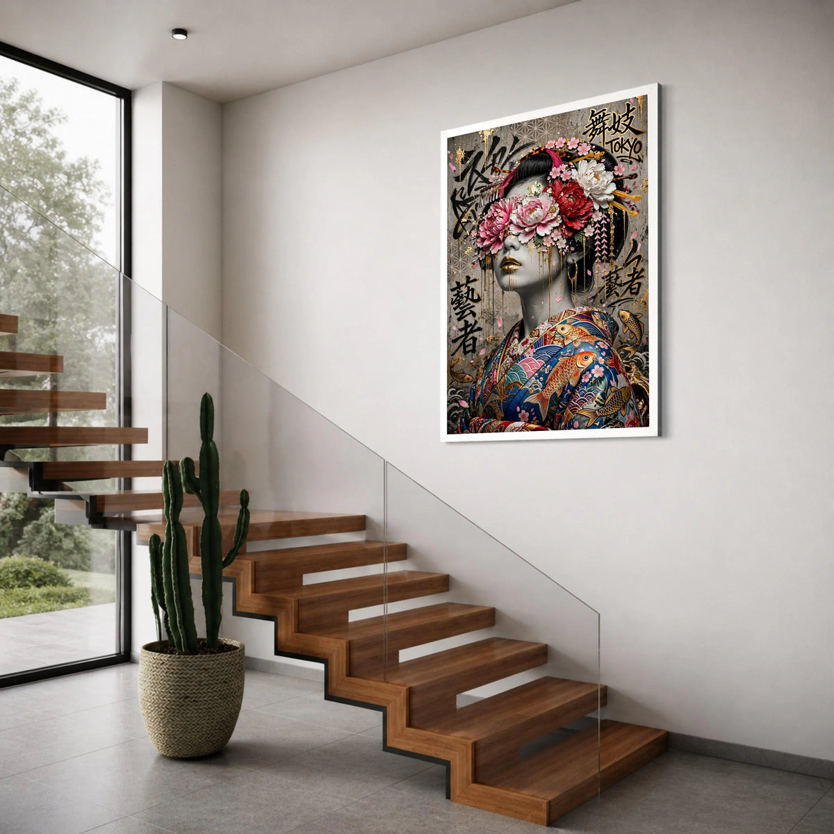 Elegant Geisha Portrait Canvas, Japanese Kimono Wall Art, Floral Headpiece Canvas, Tokyo Asian Art Decor, Gold Accents Decorative Print Art