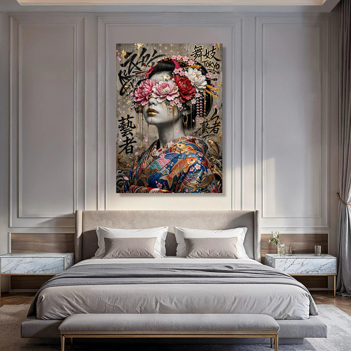 Elegant Geisha Portrait Canvas, Japanese Kimono Wall Art, Floral Headpiece Canvas, Tokyo Asian Art Decor, Gold Accents Decorative Print Art