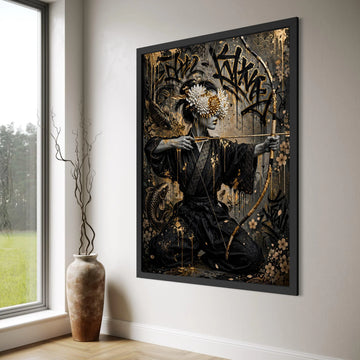 Elegant Geisha Archer Canvas Wall Art, Japanese Kimono Figure, Floral Eye Mask Design, Koi Fish Background, Asian Home Decor Print Art