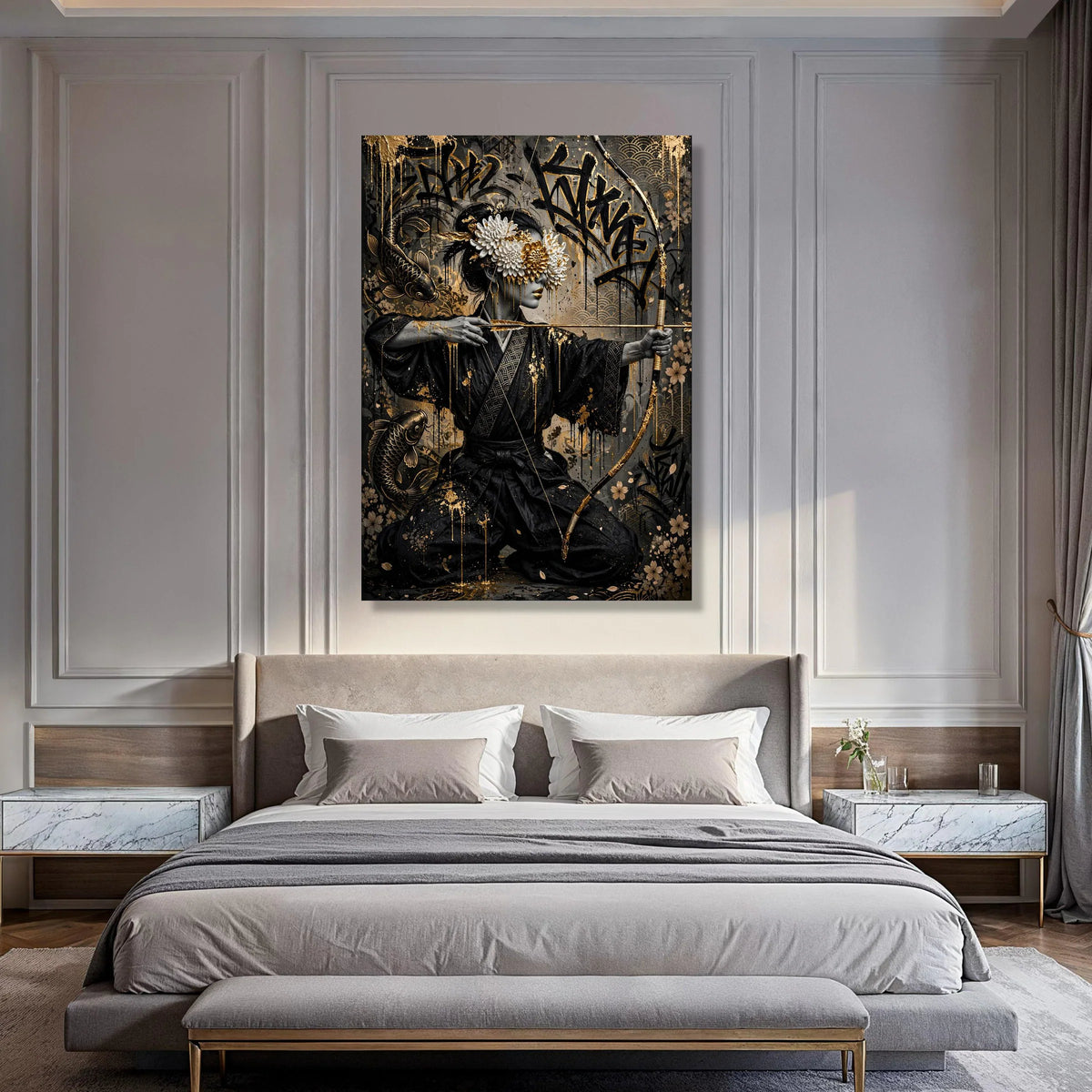Elegant Geisha Archer Canvas Wall Art, Japanese Kimono Figure, Floral Eye Mask Design, Koi Fish Background, Asian Home Decor Print Art