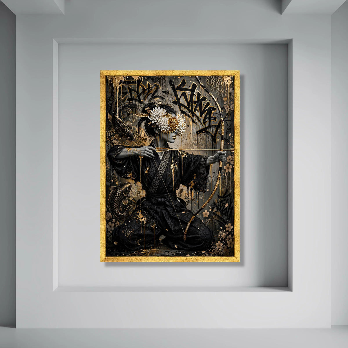 Elegant Geisha Archer Canvas Wall Art, Japanese Kimono Figure, Floral Eye Mask Design, Koi Fish Background, Asian Home Decor Print Art
