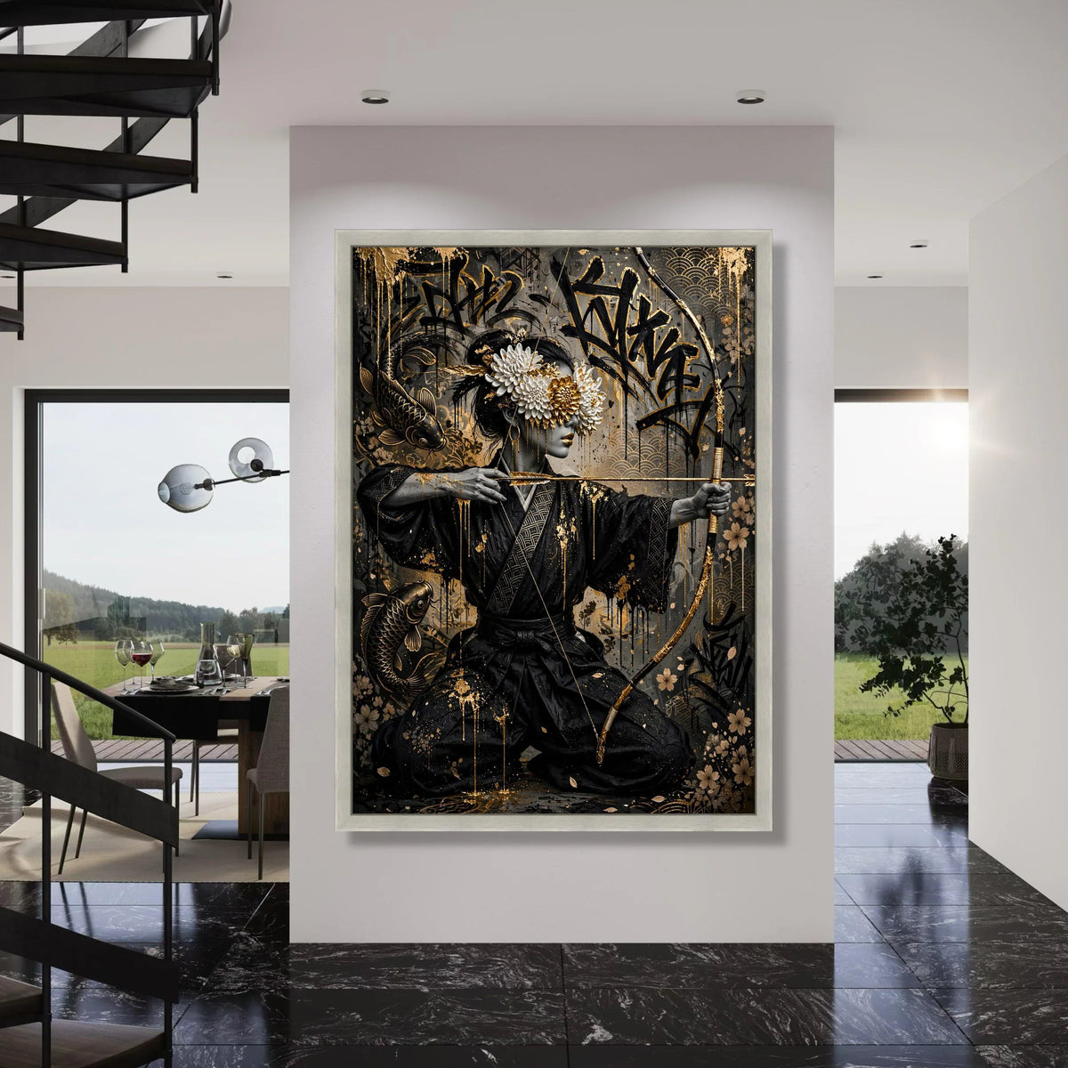 Elegant Geisha Archer Canvas Wall Art, Japanese Kimono Figure, Floral Eye Mask Design, Koi Fish Background, Asian Home Decor Print Art