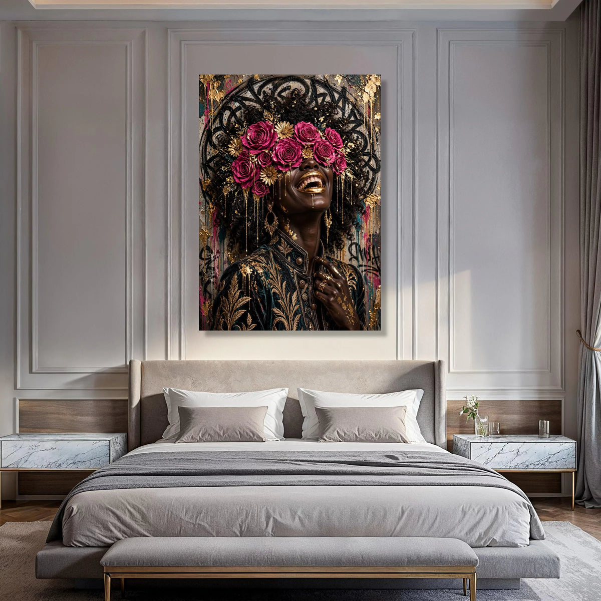 Joyful Woman with Pink Roses and Gold Accents Canvas, Elegant Floral Crown Art, African Beauty Portrait Canvas, Luxury Wall Decor, Print Art
