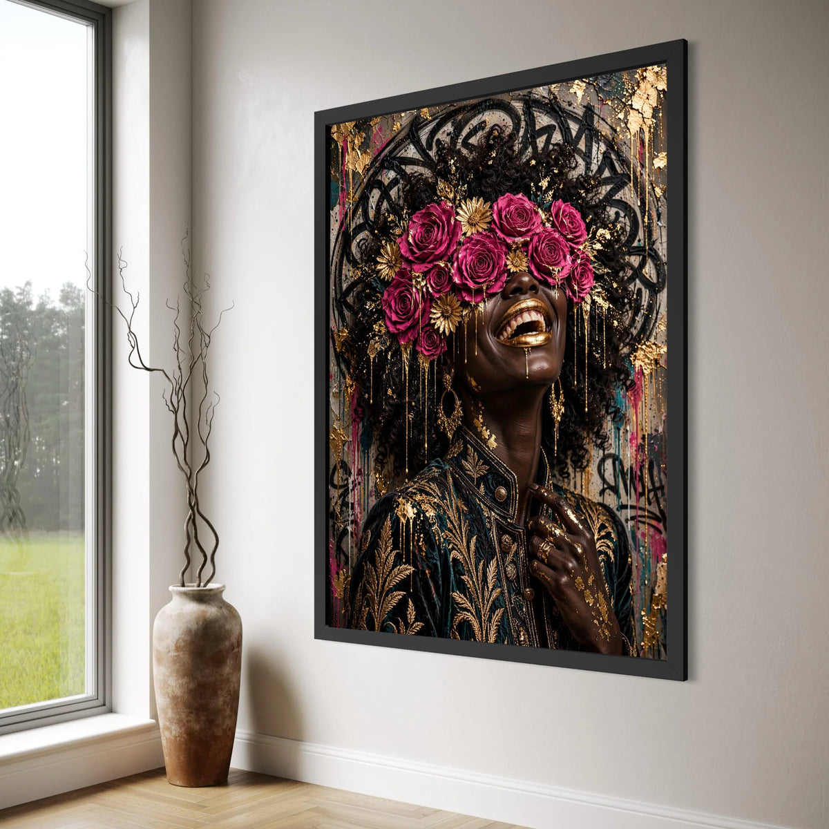Joyful Woman with Pink Roses and Gold Accents Canvas, Elegant Floral Crown Art, African Beauty Portrait Canvas, Luxury Wall Decor, Print Art
