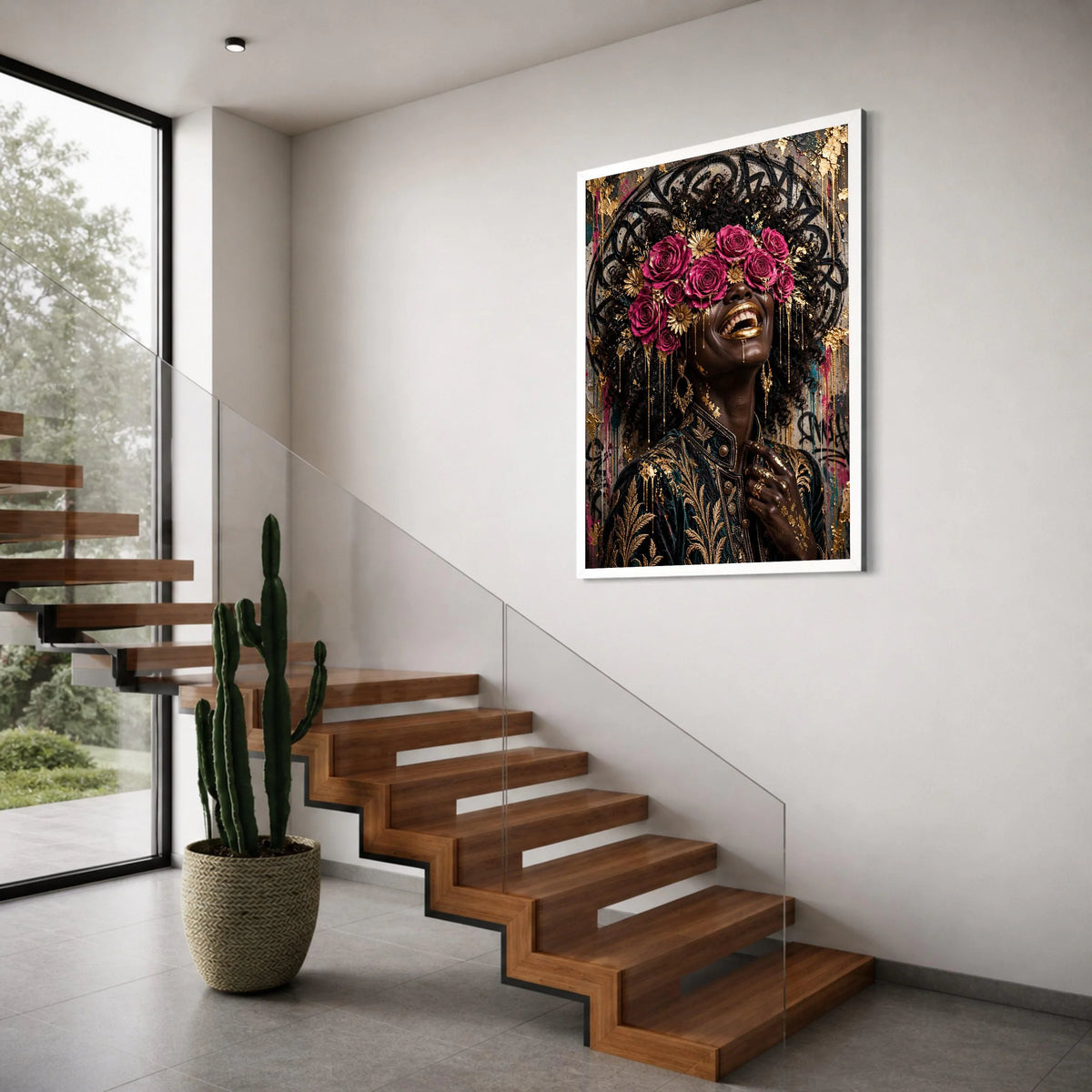 Joyful Woman with Pink Roses and Gold Accents Canvas, Elegant Floral Crown Art, African Beauty Portrait Canvas, Luxury Wall Decor, Print Art