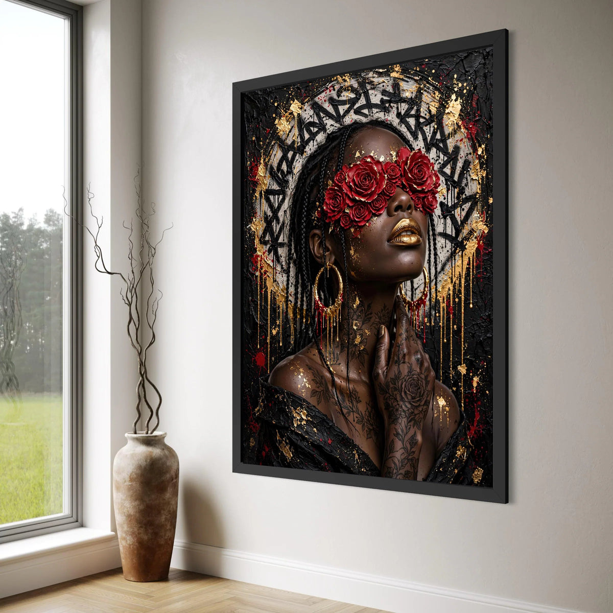 Modern Black Woman Portrait Canvas, Red Rose Eyewear Art, Gold Accent Wall Art, Floral Tattoo Canvas, Urban Chic Home Decoration Print Art