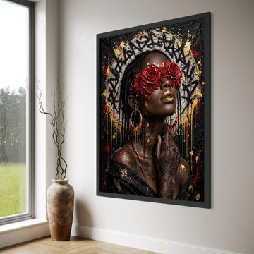 Modern Black Woman Portrait Canvas, Red Rose Eyewear Art, Gold Accent Wall Art, Floral Tattoo Canvas, Urban Chic Home Decoration Print Art