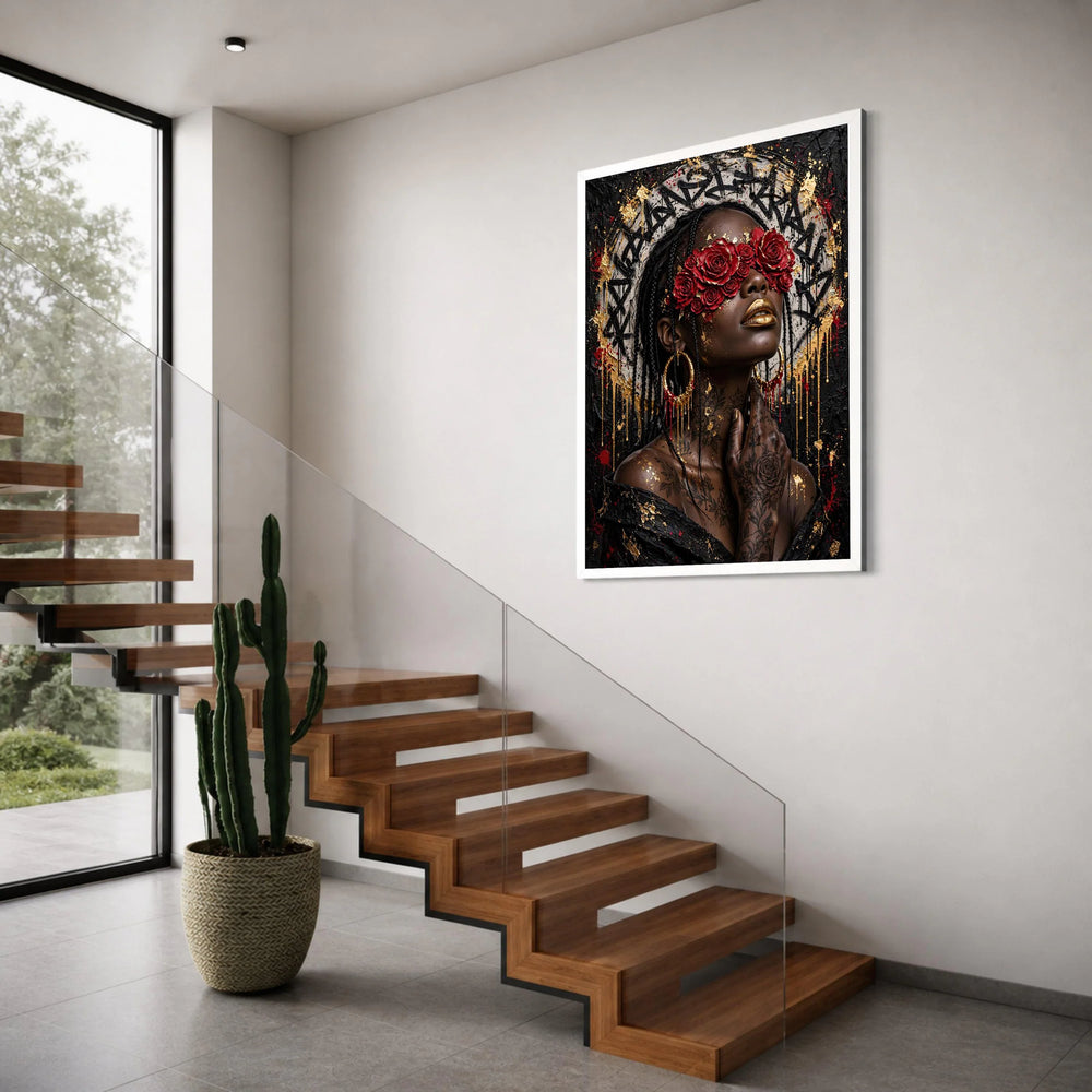 Modern Black Woman Portrait Canvas, Red Rose Eyewear Art, Gold Accent Wall Art, Floral Tattoo Canvas, Urban Chic Home Decoration Print Art