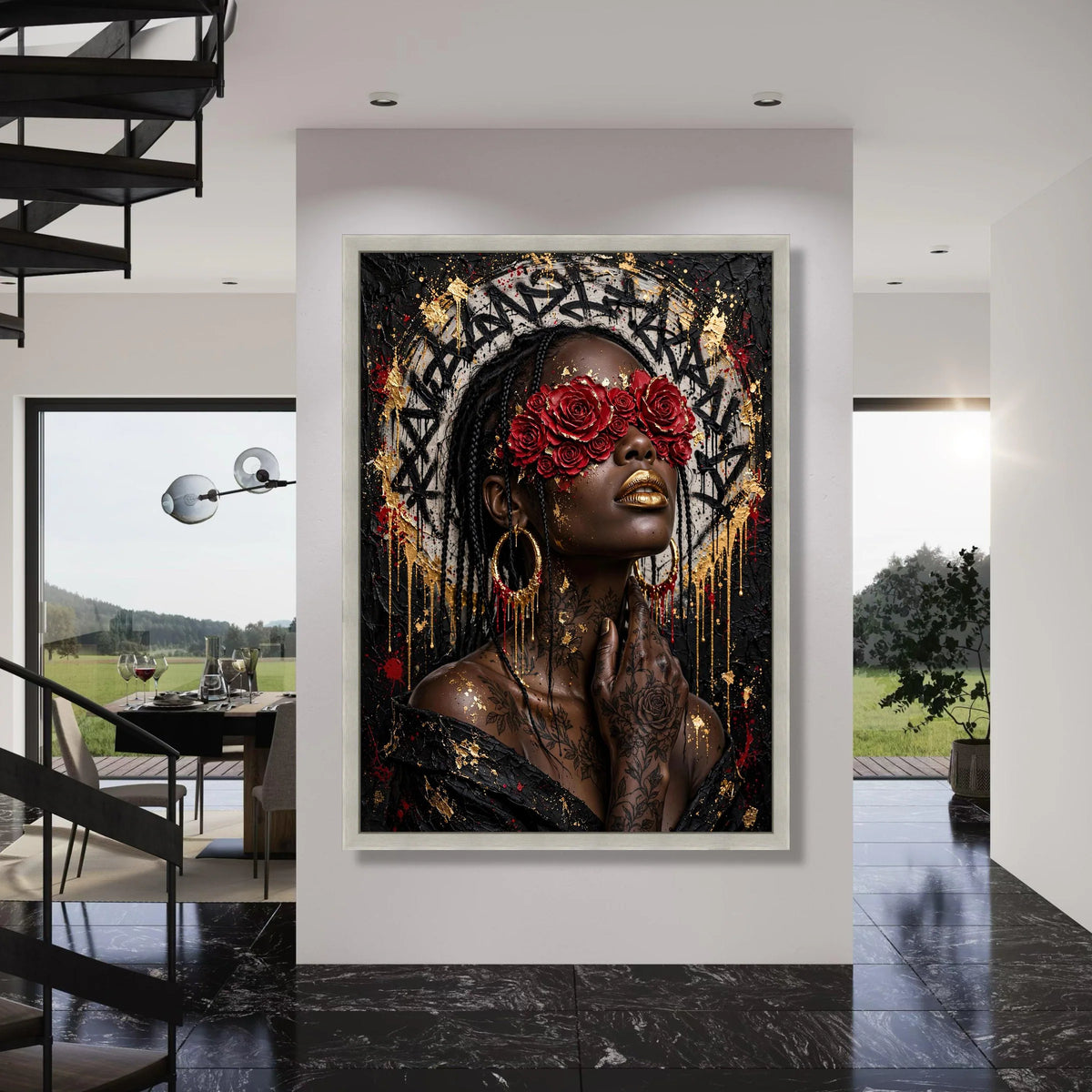Modern Black Woman Portrait Canvas, Red Rose Eyewear Art, Gold Accent Wall Art, Floral Tattoo Canvas, Urban Chic Home Decoration Print Art
