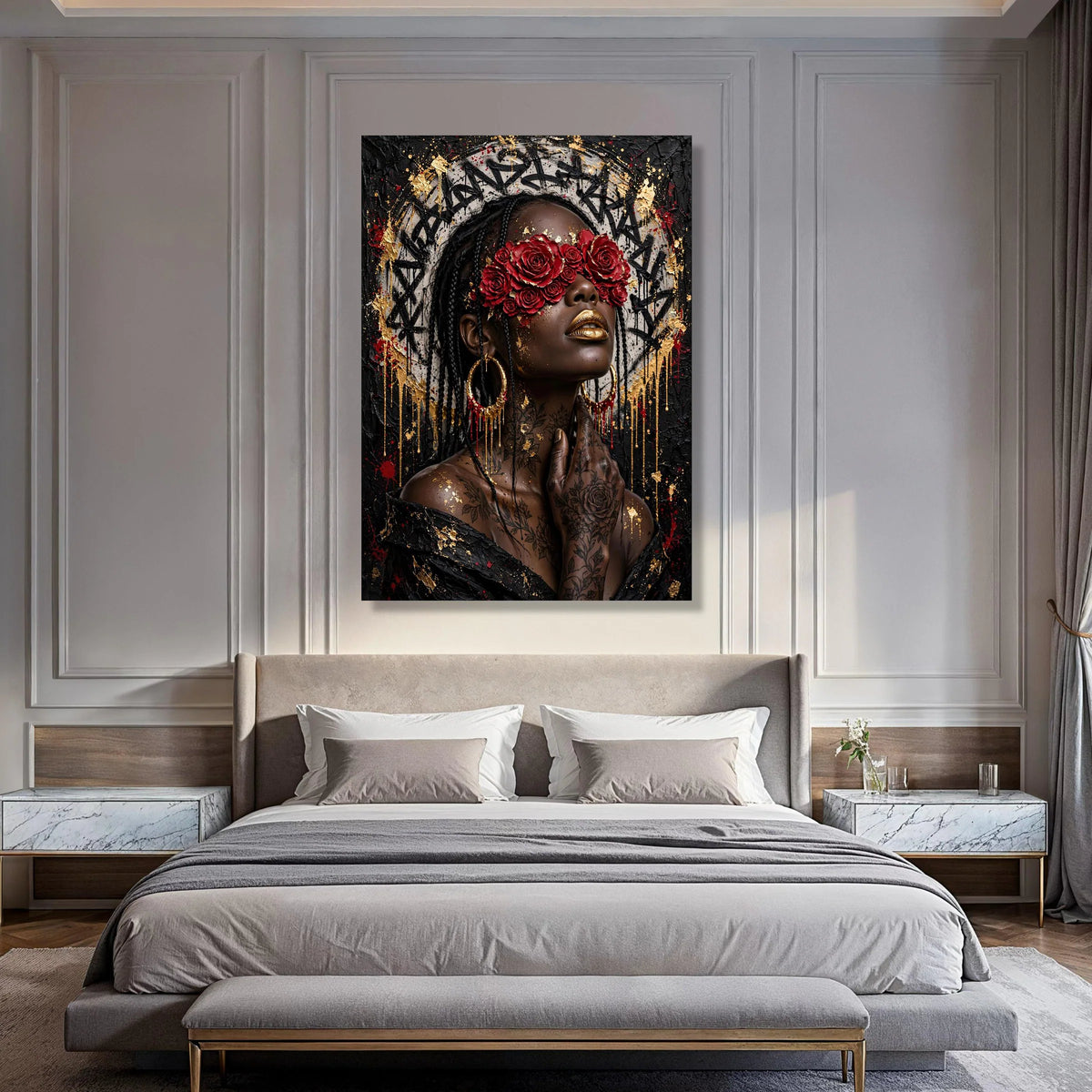 Modern Black Woman Portrait Canvas, Red Rose Eyewear Art, Gold Accent Wall Art, Floral Tattoo Canvas, Urban Chic Home Decoration Print Art