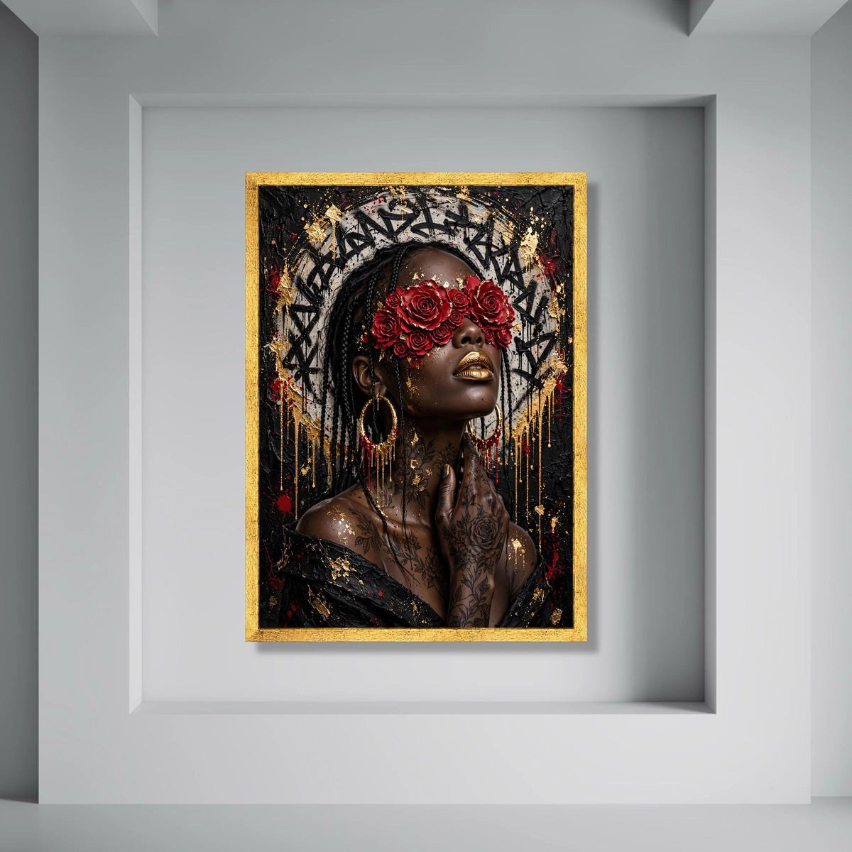 Modern Black Woman Portrait Canvas, Red Rose Eyewear Art, Gold Accent Wall Art, Floral Tattoo Canvas, Urban Chic Home Decoration Print Art