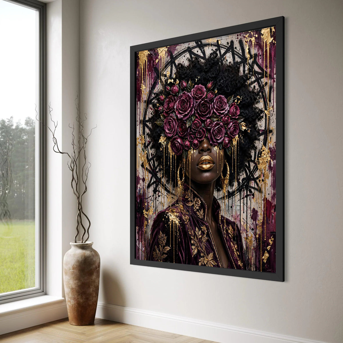 Elegant Woman Portrait Canvas, Purple Roses Headpiece, Gold Accents Wall Art, Afro Hair Fashion Canvas, Modern Decorative Painting Print Art