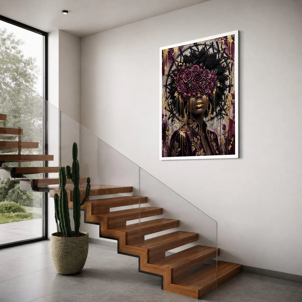 Elegant Woman Portrait Canvas, Purple Roses Headpiece, Gold Accents Wall Art, Afro Hair Fashion Canvas, Modern Decorative Painting Print Art