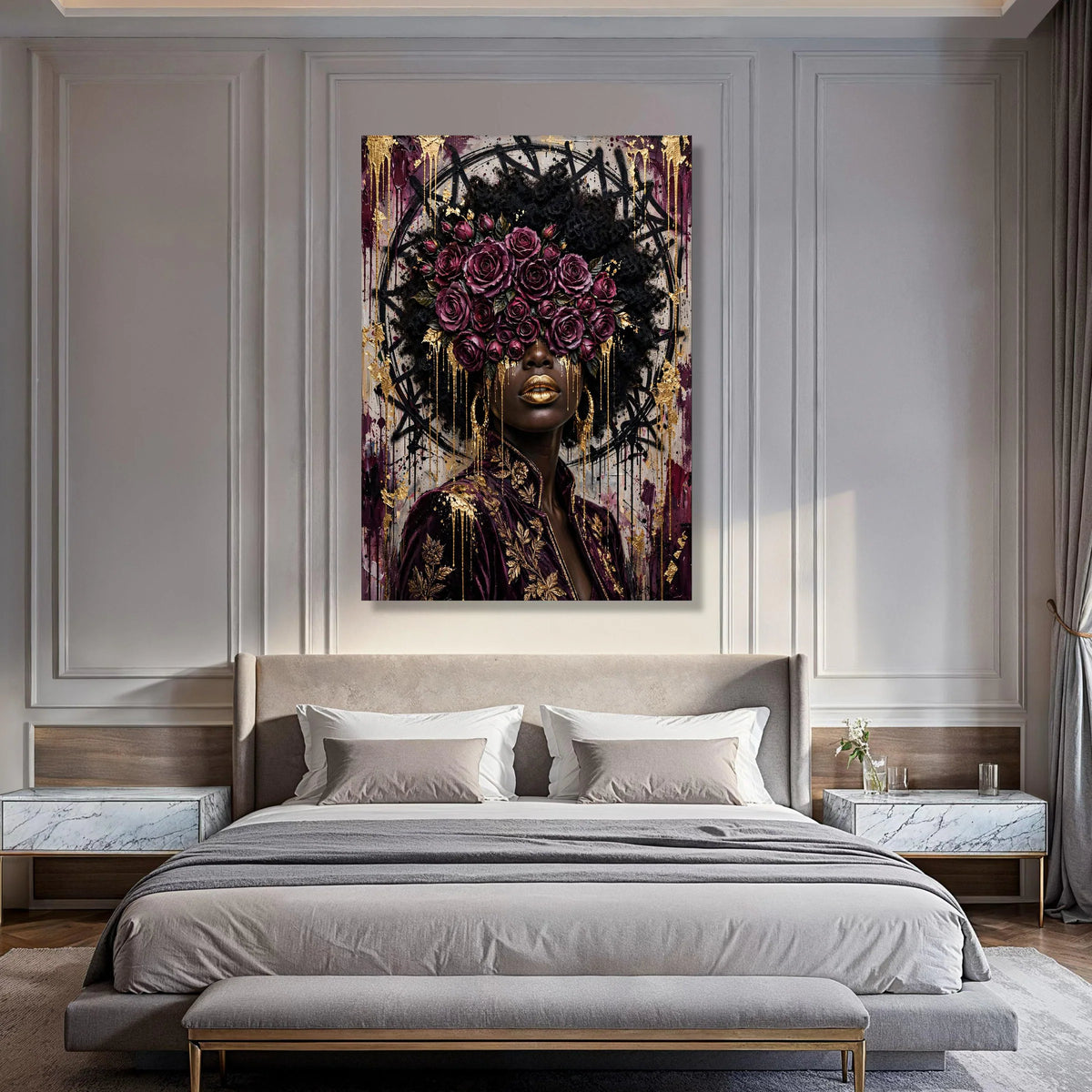 Elegant Woman Portrait Canvas, Purple Roses Headpiece, Gold Accents Wall Art, Afro Hair Fashion Canvas, Modern Decorative Painting Print Art