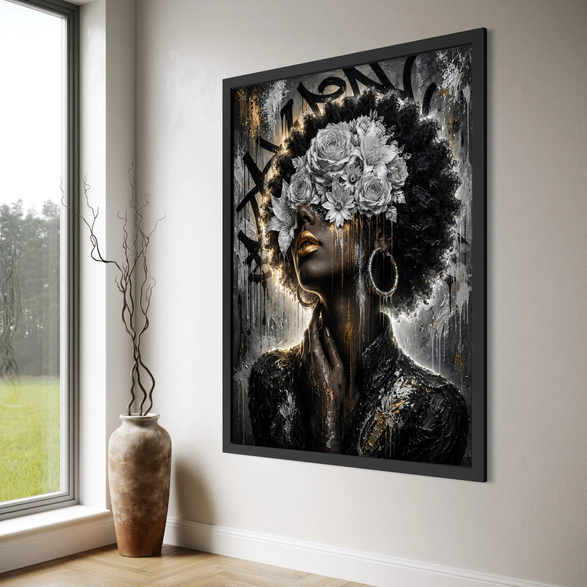 Bold Afro Woman with White Floral Crown, Gold Lips Canvas, Dramatic Portrait Wall Art, Modern Black Art Decoration, Elegant Home Print Art