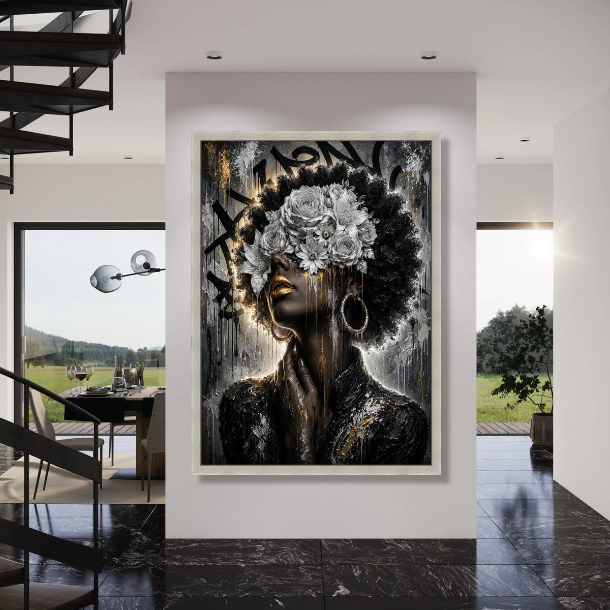 Bold Afro Woman with White Floral Crown, Gold Lips Canvas, Dramatic Portrait Wall Art, Modern Black Art Decoration, Elegant Home Print Art