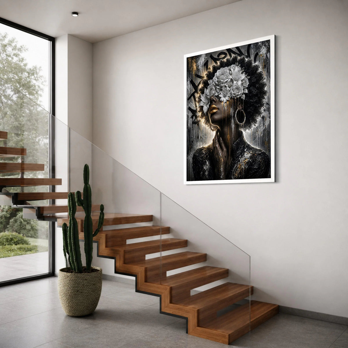 Bold Afro Woman with White Floral Crown, Gold Lips Canvas, Dramatic Portrait Wall Art, Modern Black Art Decoration, Elegant Home Print Art