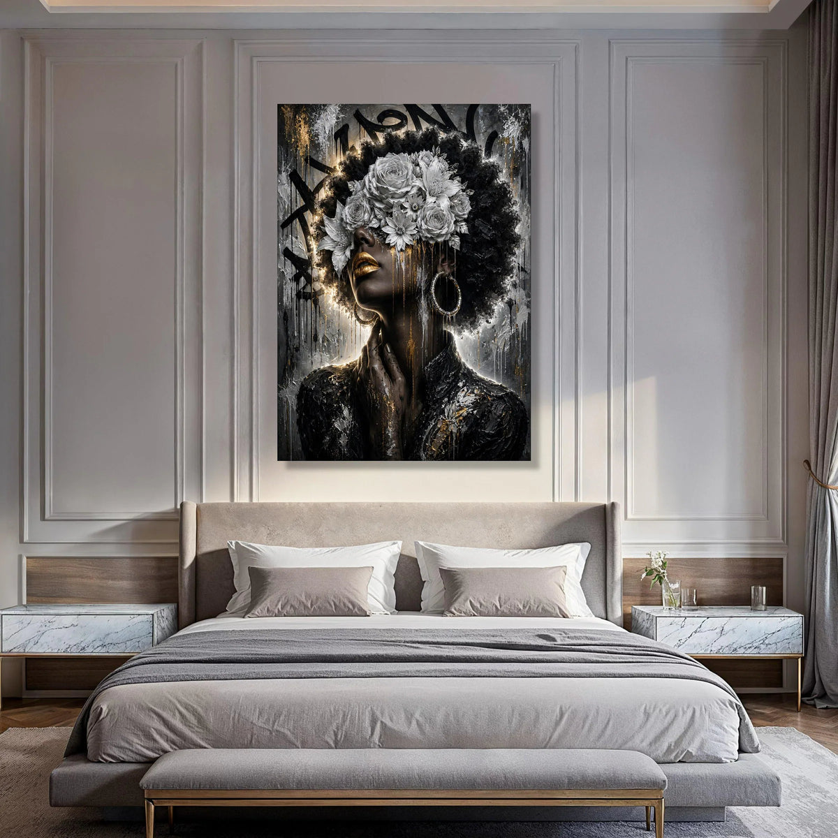 Bold Afro Woman with White Floral Crown, Gold Lips Canvas, Dramatic Portrait Wall Art, Modern Black Art Decoration, Elegant Home Print Art
