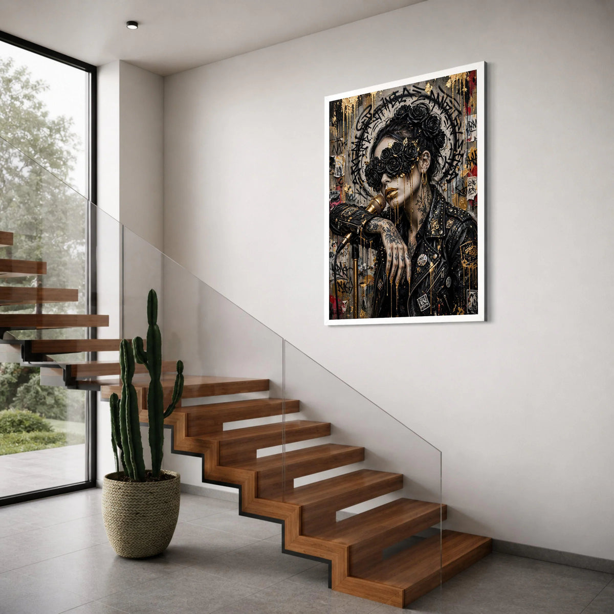 Urban Goddess with Black Roses, Gold Accent Canvas, Street Art Woman Portrait, Tattooed Singer Wall Art, Contemporary Canvas Decor Print Art