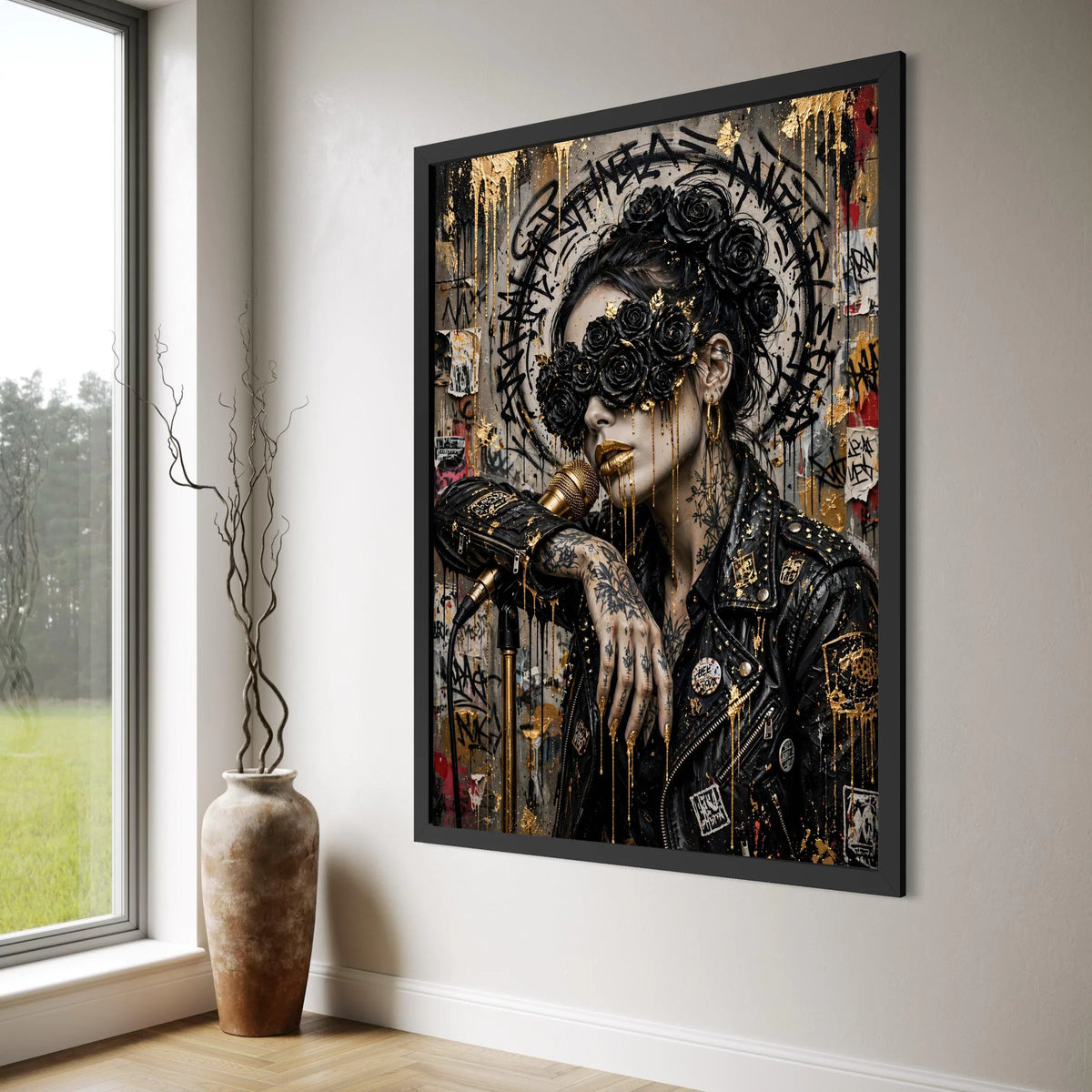 Urban Goddess with Black Roses, Gold Accent Canvas, Street Art Woman Portrait, Tattooed Singer Wall Art, Contemporary Canvas Decor Print Art