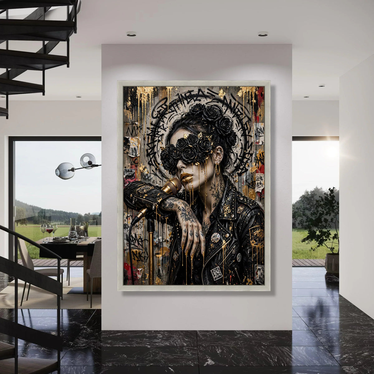 Urban Goddess with Black Roses, Gold Accent Canvas, Street Art Woman Portrait, Tattooed Singer Wall Art, Contemporary Canvas Decor Print Art